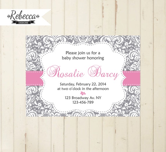 baby shower invite its a girl damask in pink and grey baby shower Invitation pink and grey cottage chic baby shower brunch tea printable Il_570xn