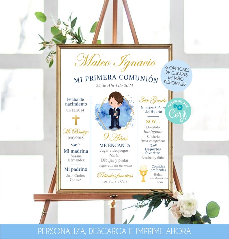 Cartel Primera Comunion Editable Bienvenida Primera Comunion De Niño Invitacion Comunion Nino Decoracion Sign Boy Communion In Spanish 349 image 2