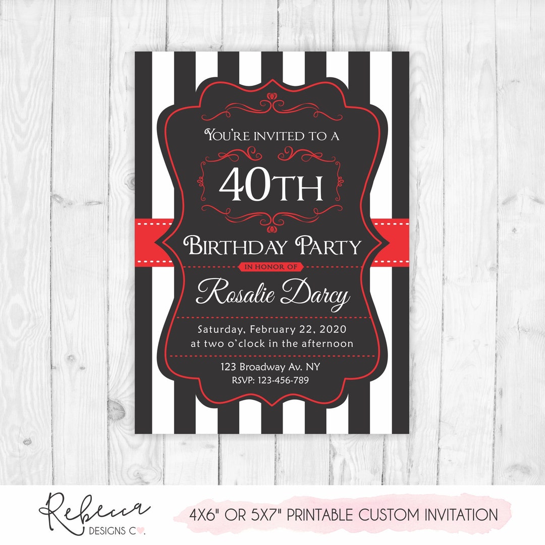 Red Birthday Invitation Printable Black and White Party Etsy
