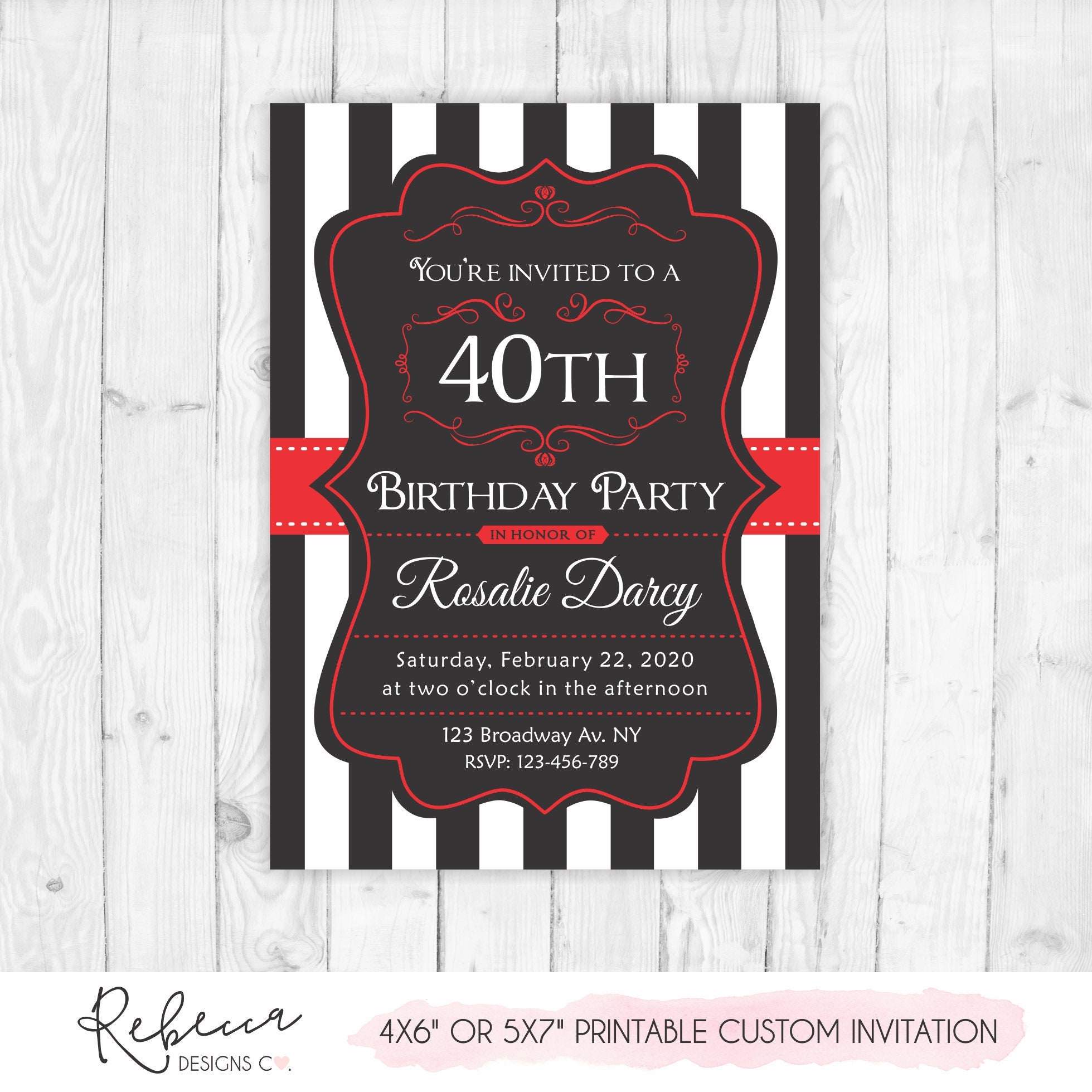 Black & White Stripy Deco 21st Personalised Birthday Party Invitations