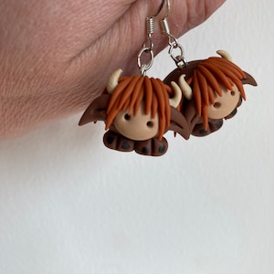 Highland cow earrings, highland coo drop handmade clay earrings, gifts for her