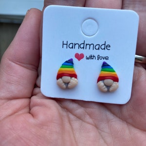 Gonk Pride earrings, gnome rainbow studs, polymer clay handmade jewellery, Tomte, Nisse, gifts for her, pride