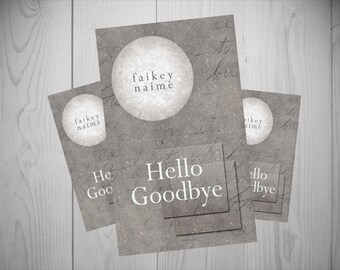 Hecha de antemano eBook cubierta "Hola adiós" (minimalista/textura/brillo/Luna/cursivo/literario)