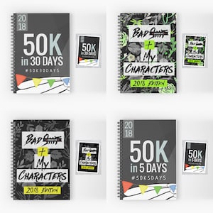 Könnte beinhalten: Vier spiralgebundene Notizbücher und passende Aufkleber. Zwei Notizbücher tragen die Aufschrift "50K in 30 DAYS" und "50K in 5 DAYS". Die anderen beiden Notizbücher tragen die Aufschrift "BAD + My CHARACTERS 2018 EDITION". Alle haben das Jahr "2018" oben.