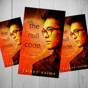 May include: Three copies of a book titled "the null code" are displayed. The book cover features a portrait of a person wearing glasses, set against a fiery orange and red background. The author's name, "faikey naime," is printed at the bottom.