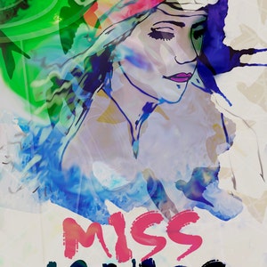 Puede incluir: Una obra de arte digital abstracta que presenta el rostro de una mujer con los ojos cerrados, renderizado con trazos de estilo acuarela en azul, verde y rosa. El texto "MISS JANICE" se muestra en colores vibrantes.