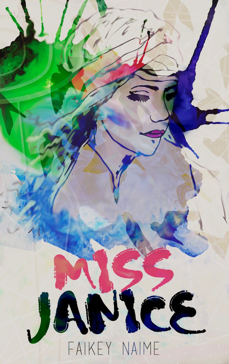 Puede incluir: Una obra de arte digital abstracta que presenta el rostro de una mujer con los ojos cerrados, renderizado con trazos de estilo acuarela en azul, verde y rosa. El texto "MISS JANICE" se muestra en colores vibrantes.