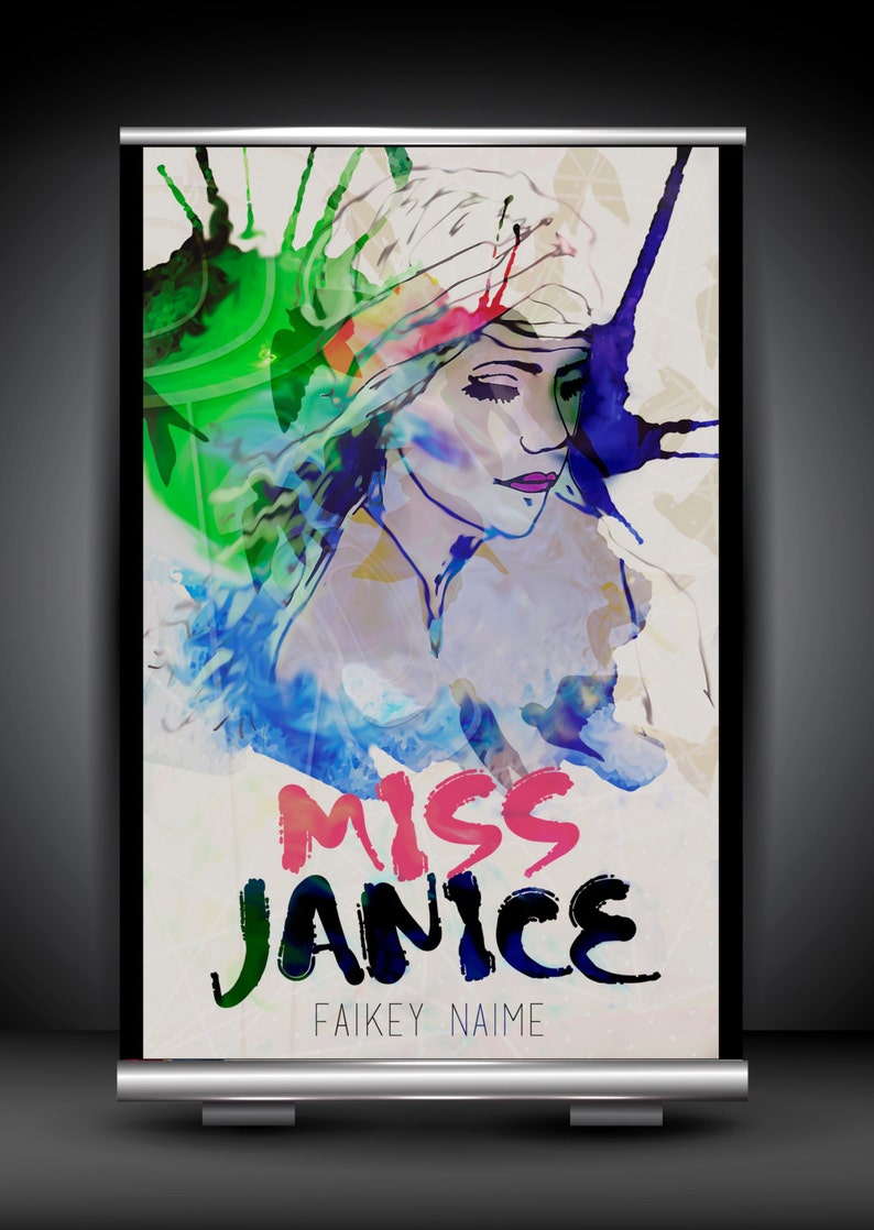 Puede incluir: Un banner promocional con una ilustraci&oacute;n en acuarela de una mujer con los ojos cerrados, adornada con salpicaduras de pintura coloridas. El banner muestra el texto "MISS JANICE" en rosa y negro, con "FAIKEY NAIME" debajo.