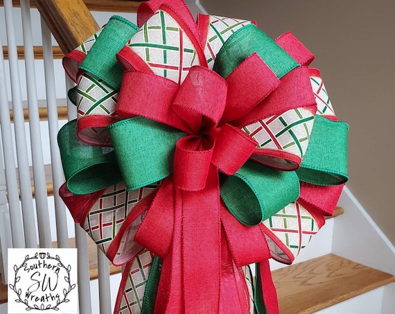 Red and Green Tree Topper, Farmhouse Decorations, Rustic Plaid Tree Bow, Christmas Bow, Holiday Mantel Bow, Christmas Tree Decor, Red Plaid