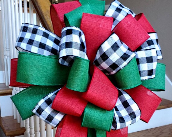 Christmas Buffalo Check Tree Bow, Red Green Tree Topper, Christmas Decorations, Deluxe Tree Topper Bow, Farmhouse Holiday Decor, Wreath Bow