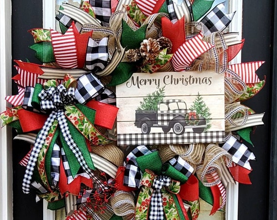 Buffalo Plaid Christmas Wreath, Burlap Merry Christmas Door Wreath, Woodland Christmas, Truck Wreath for Front Door, Buffalo Check Holiday
