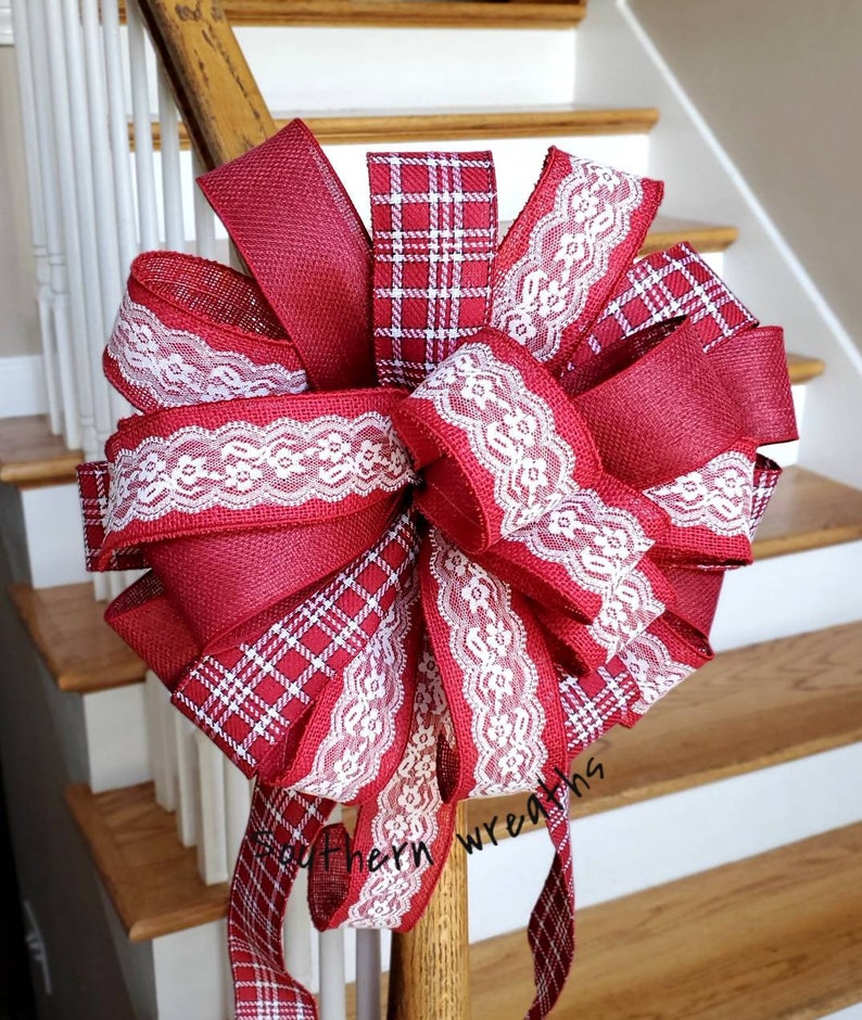 10/" WIDE RED /& BLACK GINGHAM PLAID BOW W//GOLD DEER PATTERN~WREATHS~TREE TOPPER