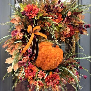 Fall Grapevine Wreath: Orange Pumpkin, Burgundy Florals, Thanksgiving Decor