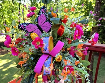 Pink Summer Floral Arrangement with Butterfly, Bright Candlestick Wildflower Centerpiece, Designer Centerpiece, Table Decor,Mothers Day Gift