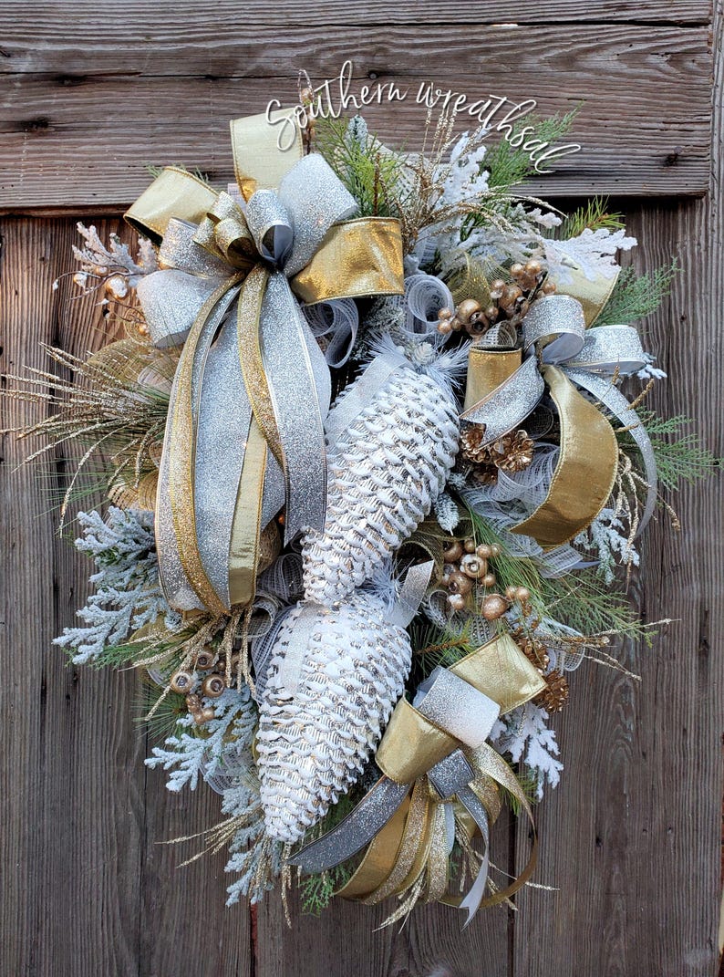 Silver and Gold Christmas Wreath, Christmas Door Swag, Winter Wreath