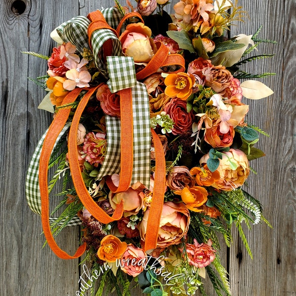 Fall Floral Swag, Fall Wreath, Autumn Floral Swag, Peony, Cabbage Rose Fall Decor, Fall Front Door Swag, Orange Beige Fall Swag