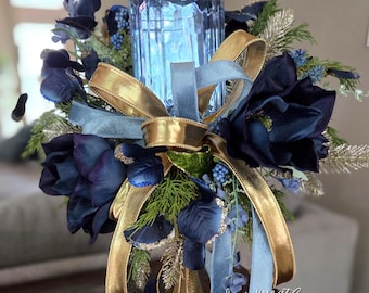 Navy Blue & Gold Elegant Floral Arrangement, Luxe Candlestick Jewel Centerpiece, Designer Fall Magnolia Decor,Glam Holiday Table Decor