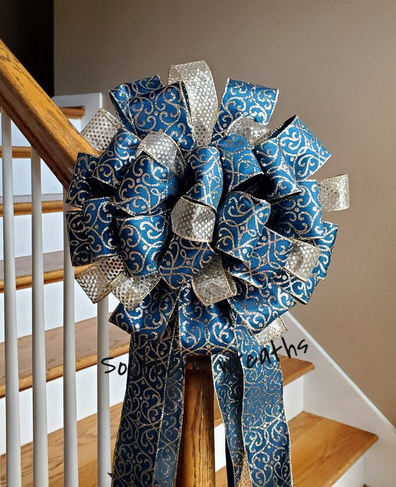 Christmas Tree Bow Gold and Navy Tree Topper Large Holiday Decoration Bow Elegant Christmas Tree Decor Christmas Party Decoration Bow