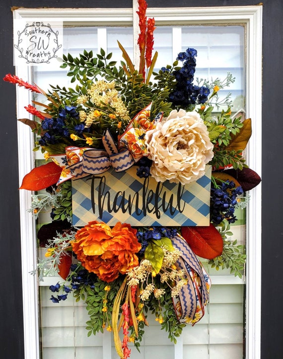 Fall Door Wreath, Thankful Home Decor, Fall Floral Door Hanger, Navy Orange Autumn Swag, Large Fall Peony Flowers, Thanksgiving Decor