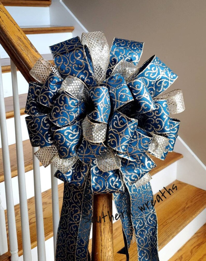 Christmas Tree Bow Gold and Navy Tree Topper Large Holiday Decoration Bow Elegant Christmas Tree Decor Christmas Party Decoration Bow