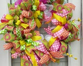 Deco Mesh Spring Wreath with Yellow Pink Orange Flowers,Spring  Everyday Wreath, Front Door Flower Wreath