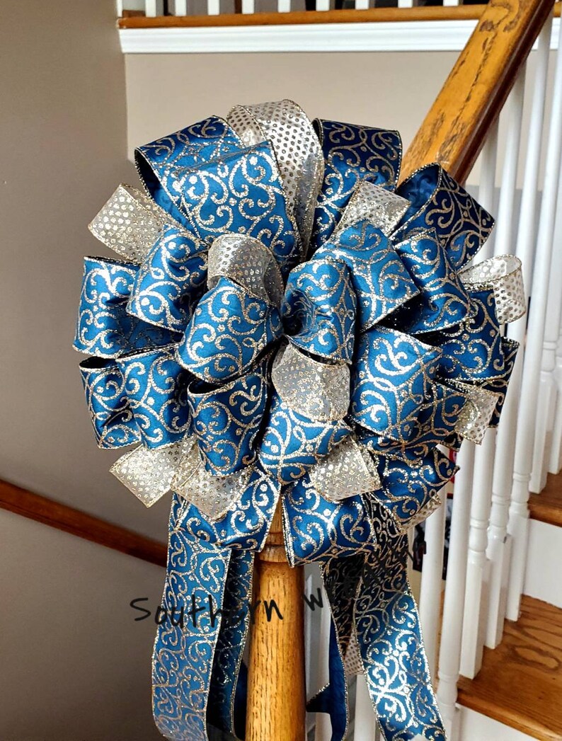 Christmas Tree Bow Gold and Navy Tree Topper Large Holiday Decoration Bow Elegant Christmas Tree Decor Christmas Party Decoration Bow