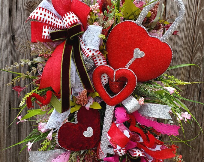 Valentine's Heart Swag, Lock and Key Wreath, Elegant Red and Burgundy
