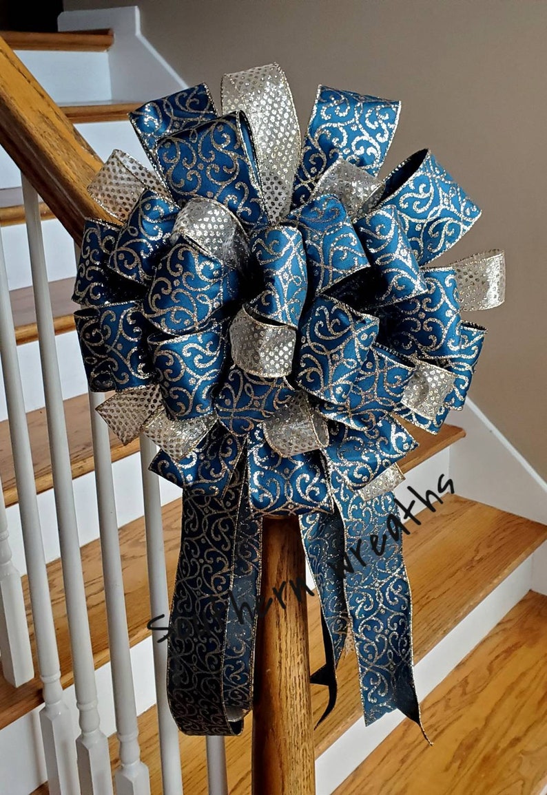 Christmas Tree Bow Gold and Navy Tree Topper Large Holiday Decoration Bow Elegant Christmas Tree Decor Christmas Party Decoration Bow