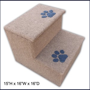 Sturdy Dog Steps with inlaid paw prints. 15 H x 16 W x 16 D. Pet Stairs Carpeted. Pet Steps for Dogs or Cats. Veterinarian recommended.
