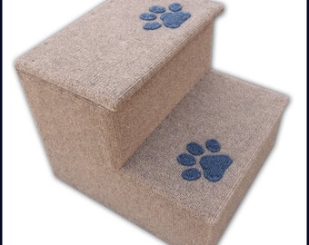 Sturdy Dog Steps with inlaid paw prints. 15 H x 16 W x 16 D. Pet Stairs Carpeted. Pet Steps for Dogs or Cats. Veterinarian recommended.