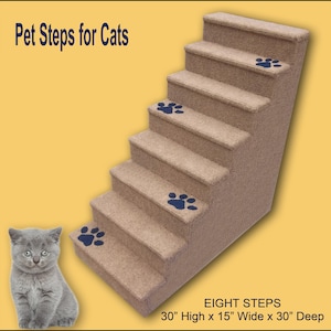 May include: Beige pet steps with eight steps and blue paw prints. The steps are 30 inches high, 15 inches wide, and 30 inches deep. A gray cat is sitting in front of the steps.