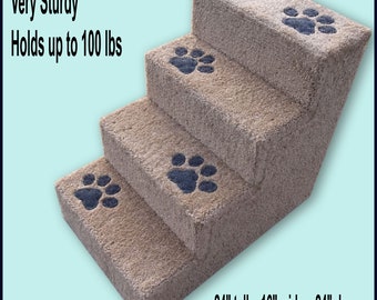 May include: Beige pet stairs with four steps and paw prints on each step. The stairs are 24 inches tall, 16 inches wide, and 24 inches deep. The text "Very Sturdy Holds up to 100 lbs" is visible in the image.