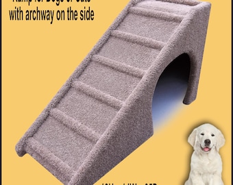 May include: A grey pet ramp with a built-in archway. The ramp has a carpeted surface and measures 46 cm high, 36 cm wide, and 89 cm deep. Ramp for Dogs or Cats with archway on the side.