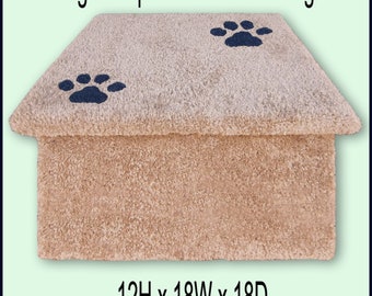 May include: A single step unit for cats or dogs, made of beige carpet with black paw prints. The unit measures 12 inches high, 18 inches wide, and 18 inches deep.