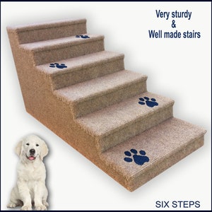 Pet Steps in beige color for Dogs or Cats, Dog Steps with inlaid paw prints, Small to Medium Dogs. Six steps. 18 High x 15 Wide x 35 Deep.
