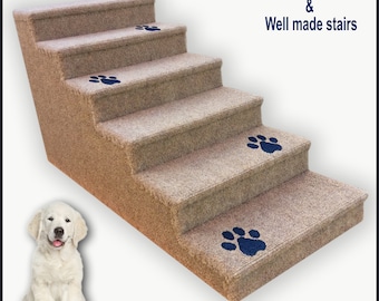 Pet Steps in beige color for Dogs or Cats, Dog Steps with inlaid paw prints, Small to Medium Dogs. Six steps. 18 High x 15 Wide x 35 Deep.