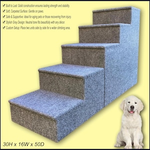 5-Step Gray Dog Steps, Carpeted Pet Stairs, Durable Pet Furniture for Dogs & Cats, Built to Last, Handmade Pet Steps. 30H x 16W x 50D.