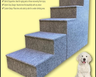 5-Step Gray Dog Steps, Carpeted Pet Stairs, Durable Pet Furniture for Dogs & Cats, Built to Last, Handmade Pet Steps. 30H x 16W x 50D.