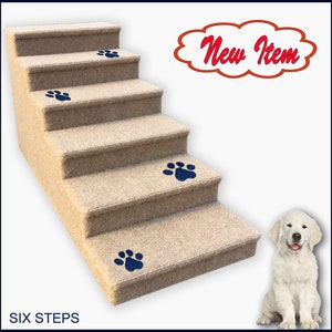 Pet Steps in beige color for Dogs or Cats, Dog Steps with inlaid paw prints, Small to Medium Dogs. Six steps. 18 High x 15 Wide x 35 Deep.