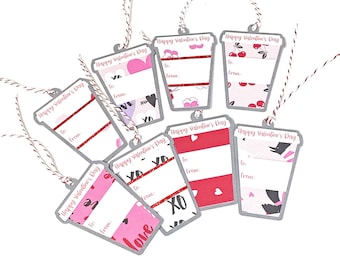 8 Valentine Tags Handmade, Valentine's Day Coffee Tags for Gifts, Handmade Valentine Tags, Valentines Gift Tags, Vday Gift Tags