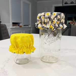 Può includere: Due barattoli di vetro con coperchi in tessuto. Il barattolo più grande ha un coperchio in tessuto gingham bianco e nero con margherite bianche. Il barattolo più piccolo ha un coperchio in tessuto giallo con pois bianchi. Entrambi i barattoli hanno la scritta "Ball" stampata su di essi.