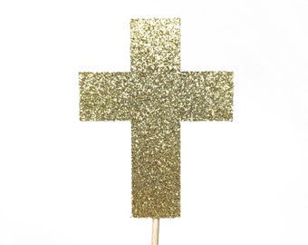 Gold Cross Cupcake Toppers, Baptism decorations, Glitter Gold Communion Party Decorations, Wedding Cupcake Toppers, Cross party decorations