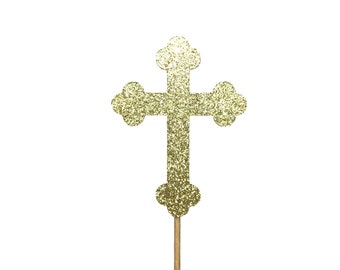 Gold Cross Cupcake Toppers, Baptism decorations, Glitter Gold Communion Party Decorations, Wedding Cupcake Toppers, Cross party decorations