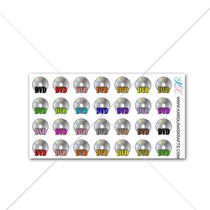 May include: A sheet of 24 colourful DVD disc stickers. Each sticker features a silver disc with the word "DVD" in a different colour. The colours include black, red, orange, yellow, green, blue, purple, pink, brown, and grey.