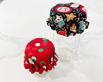 Christmas Reusable Jar Cover for Kitchen, Reversible Jar Cozy for Sourdough Starter or to Prevent Bugs! Mason Jar Cover