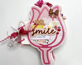 Handmade Tulip Shaped Mini Album, Spring Scrapbook, Floral Photo Mini Album with space for photos too, Floral Mini Album