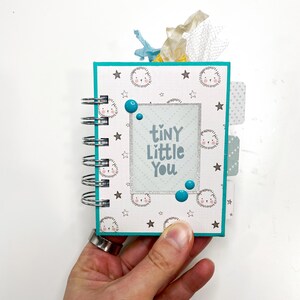 May include: A small, spiral-bound scrapbook with a teal border and the words "tiny Little You" on the cover. The cover features a pattern of stars and smiling lion faces. Embellishments include blue beads and ribbon.