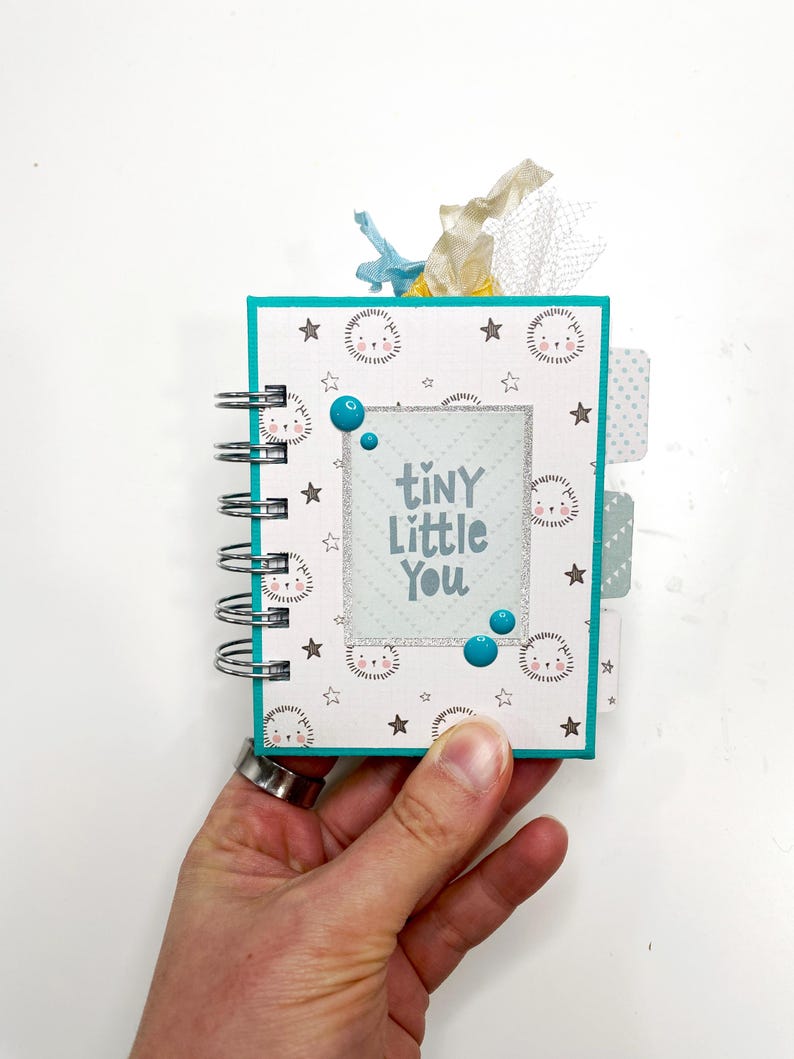 May include: A small, spiral-bound scrapbook with a teal border and the words "tiny Little You" on the cover. The cover features a pattern of stars and smiling lion faces. Embellishments include blue beads and ribbon.