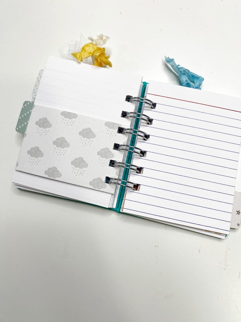 May include: Open notebook with lined pages and a pocket featuring a gray cloud pattern. The notebook has a spiral binding and colorful ribbon bookmarks. The pages are white with blue lines.