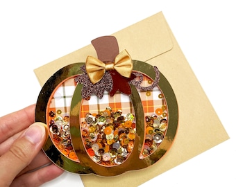 Biglietti d'auguri fatti a mano con zucca shaker, biglietti autunnali, biglietto con zucca, biglietto shaker autunnale, biglietti decorati autunnali, shaker autunnale